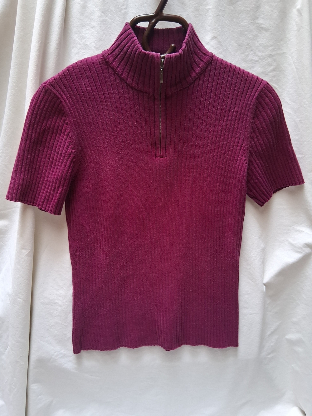 Valerie Stevens Ribbed Half-Zip Short Sleeve Turtleneck - Plum